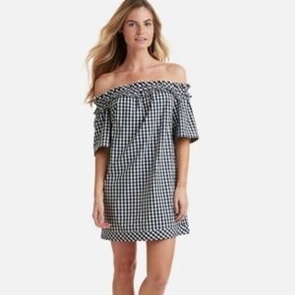 Vineyard Vines Off the Shoulder Gingham Black & White Mini Dress Women's Large - Picture 1 of 11